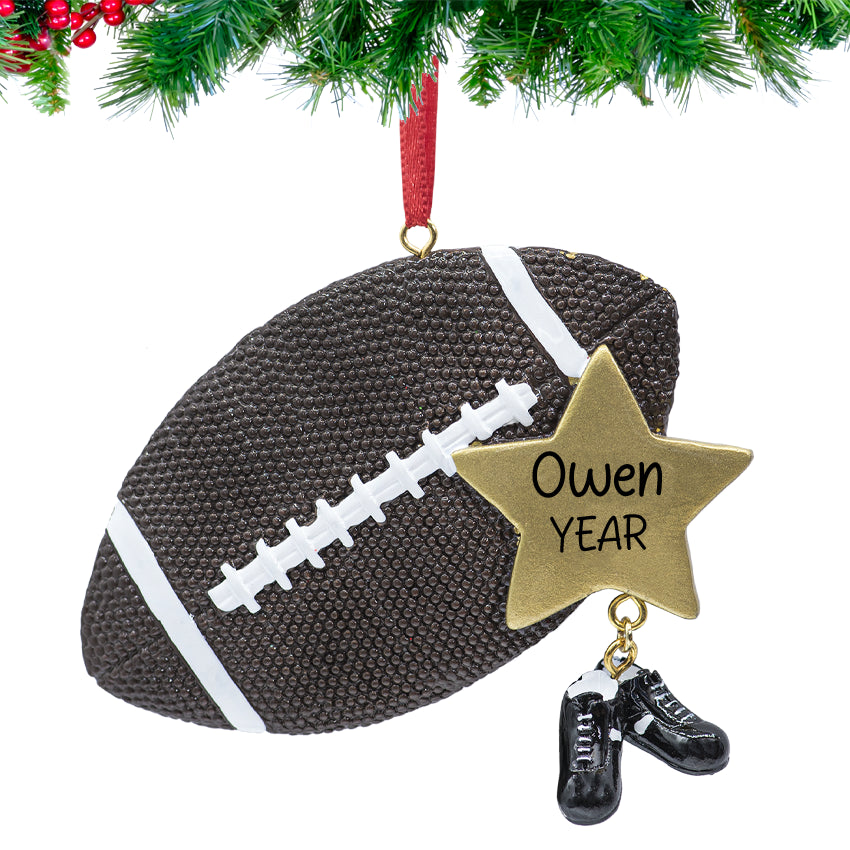 Personalized fantasy‑football ornament with name and 2025 year tag an football shoes