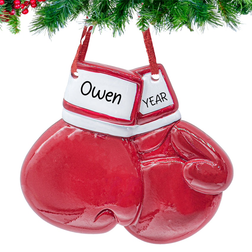 Personalized red boxing gloves ornament with hand‑lettered name and 2025 tag