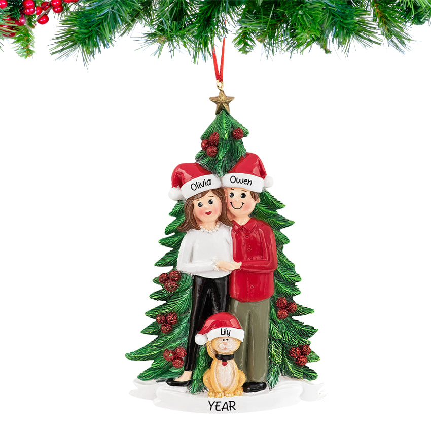 Hand‑lettered couple’s names and year on Personalized Couple with Cat Christmas Ornament