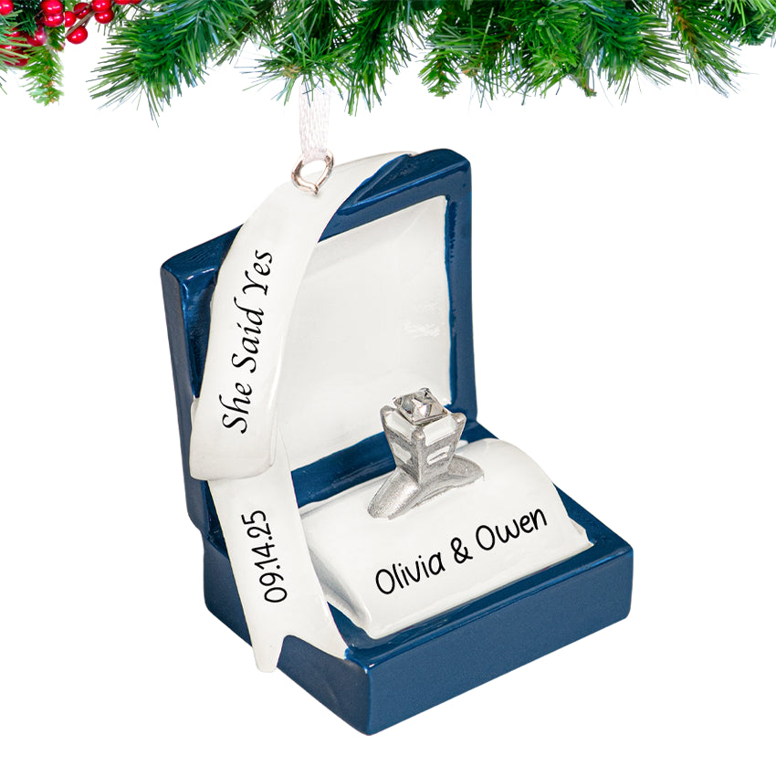 Personalized Engagement Ring Box Christmas Ornament Blue