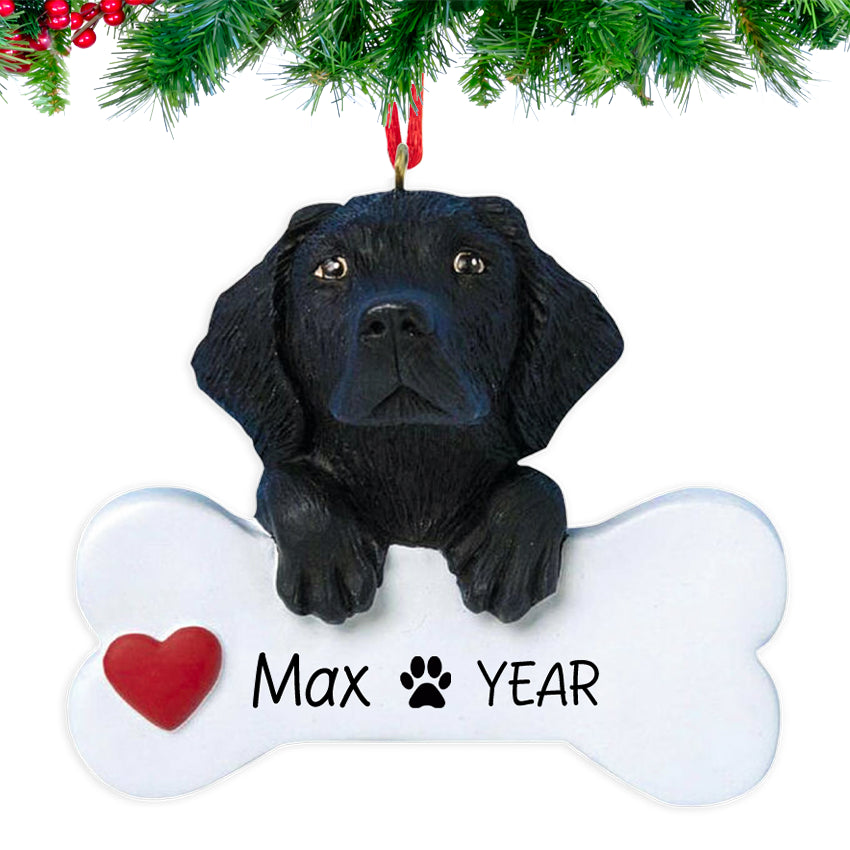 Smiling Black Labrador in a Santa hat holding a bone nameplate, personalized with dog’s name and year, hanging on a festive Christmas tree branch.