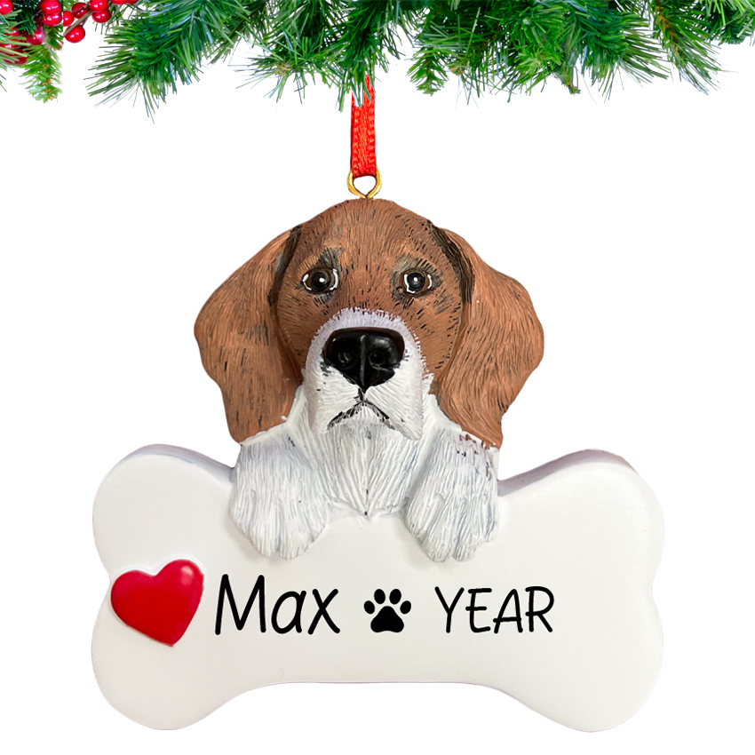 Hand‑lettered name and year on Personalized Beagle Christmas Ornament.