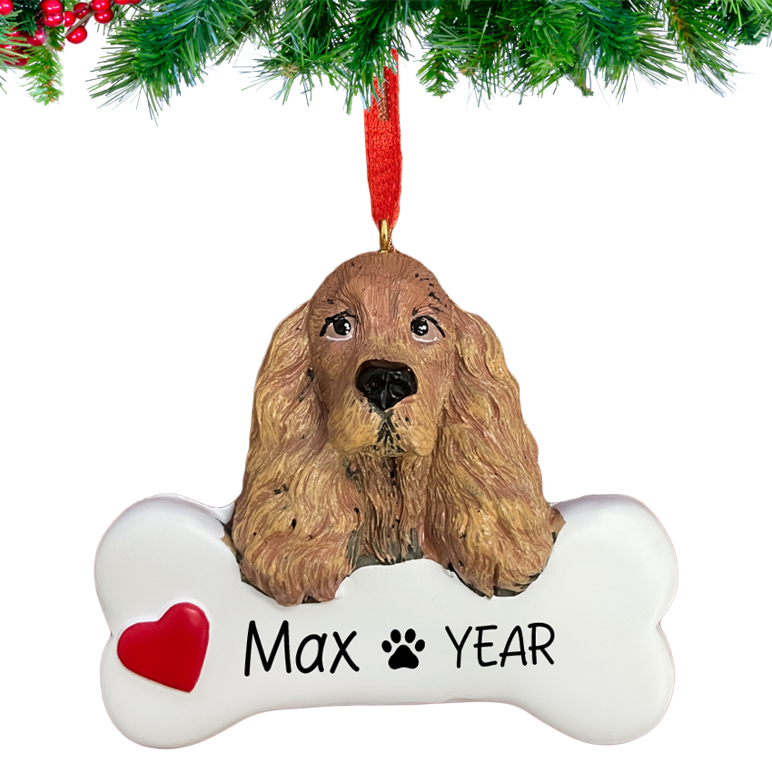 Hand‑lettered name and year on Personalized Cocker Spaniel Christmas Dog Ornament.