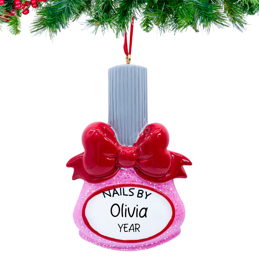 Hand‑lettered name and year on Personalized Nail Polish Christmas Ornament.