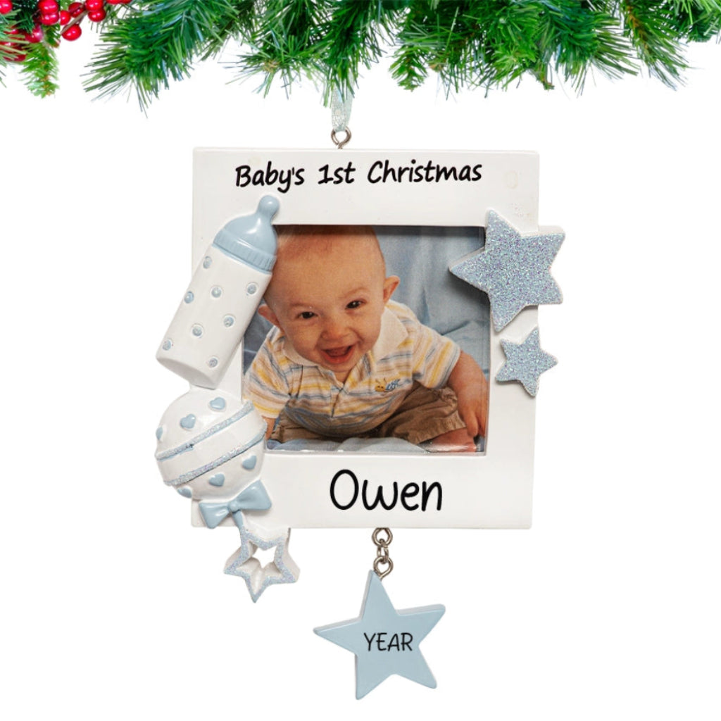 Mark baby's first Christmas with a custom ornament designed for a boy, creating a special and memorable addition to your holiday decor.