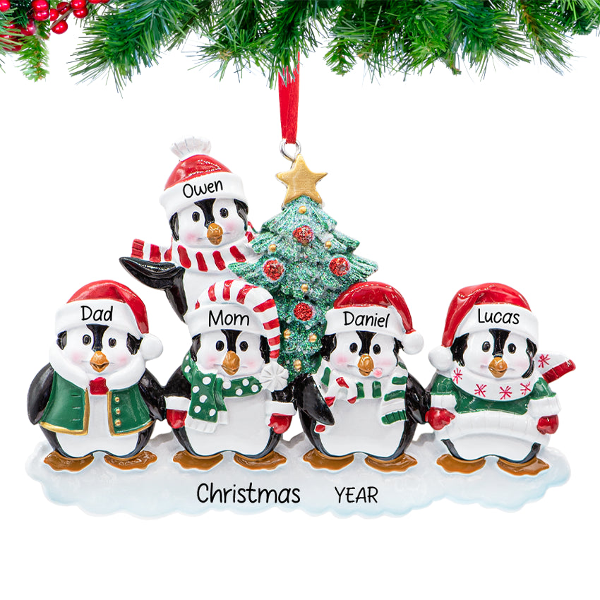Personalized Penguin Family of 5 Christmas Ornament - 2025