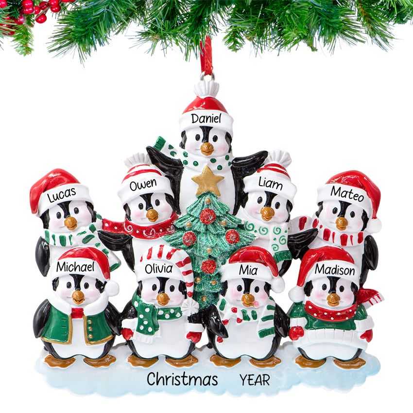 Personalized Penguin Family of 9 Christmas Ornament - 2025