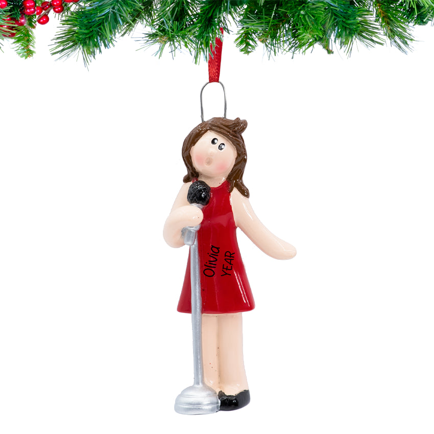 Hand‑lettered name and year on Personalized Singer Girl Christmas Ornament