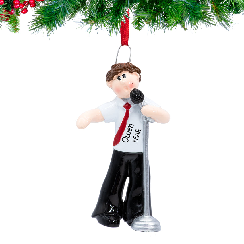 Hand‑lettered name and year on Personalized Singer Boy Christmas Ornament