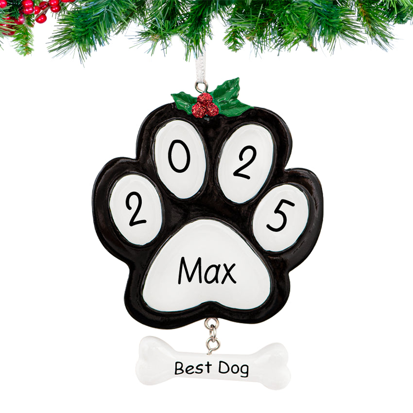 Custom dog paw print Christmas ornament black, a stylish keepsake with Gift Shopie.