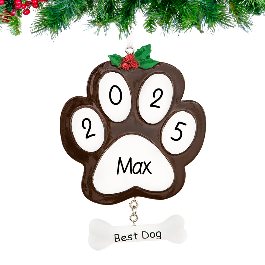 Brown paw print Christmas ornament personalized, a heartfelt keepsake to celebrate your friend.