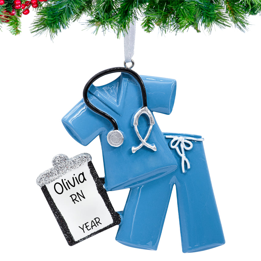 Personalized Blue Scrubs Nurse Christmas Ornament