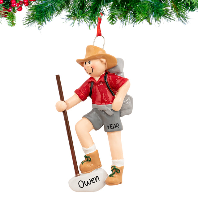 Close‑up of hand‑lettered name & year on Personalized Hiking Boy Christmas Ornament
