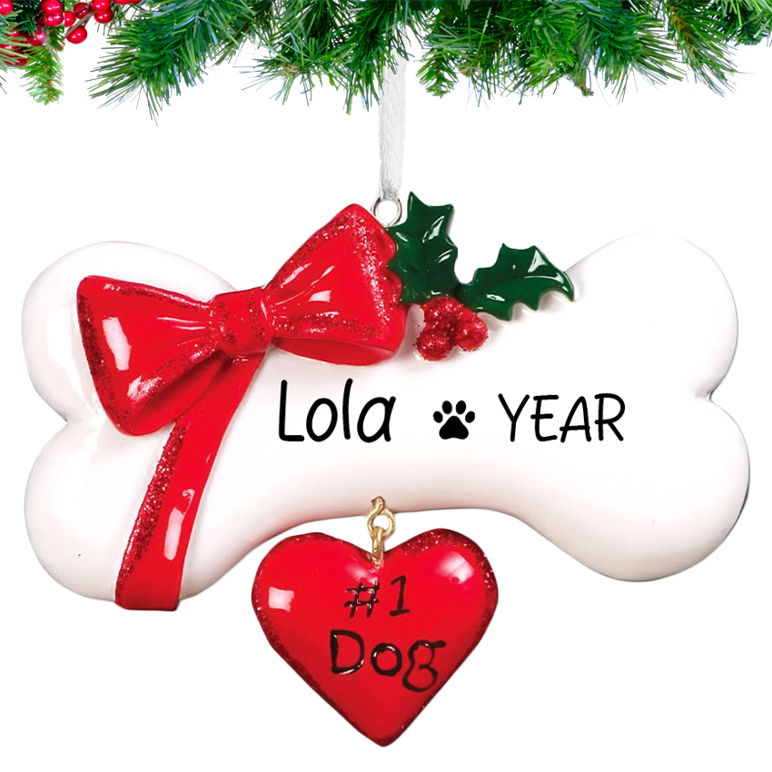 Personalized Dog Bone Christmas Ornament - Dog Bone with Heart & Bow