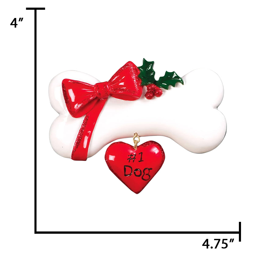 Personalized Dog Bone Christmas Ornament - Dog Bone with Heart & Bow
