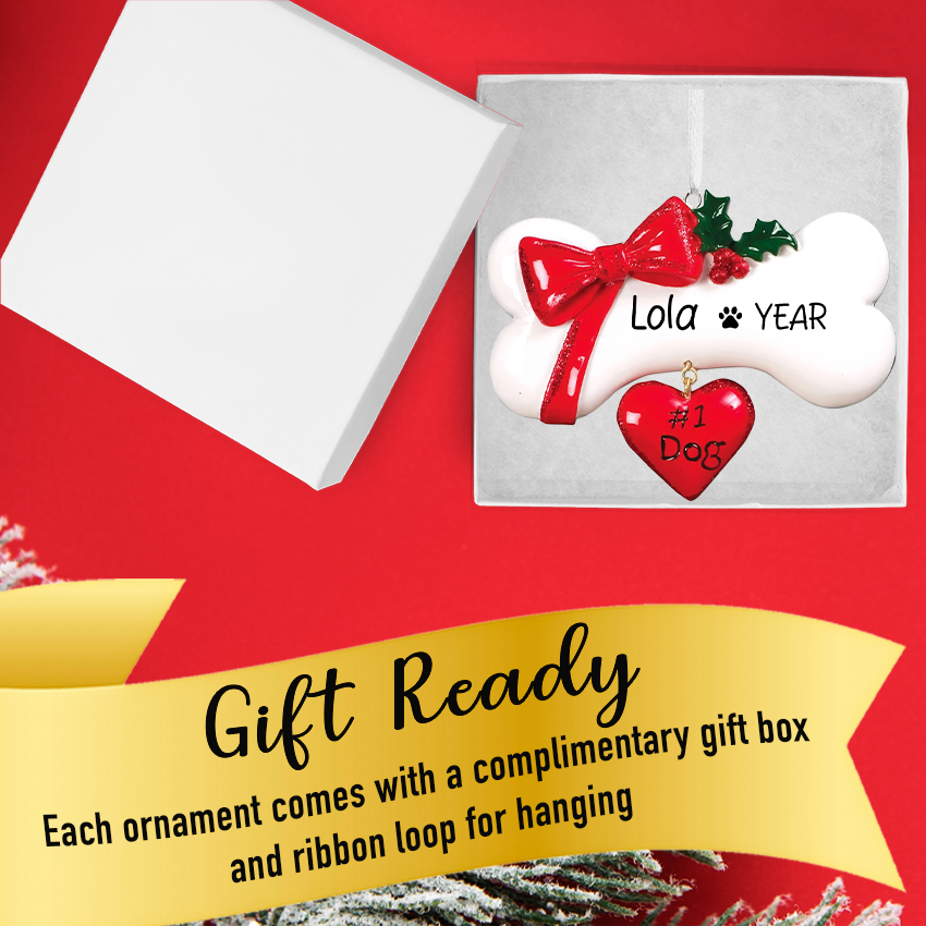 Personalized Dog Bone Christmas Ornament - Dog Bone with Heart & Bow