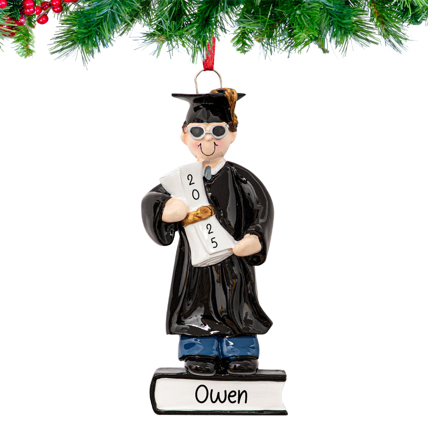 Hand‑lettered name and year on Personalized Graduate Boy Christmas Ornament