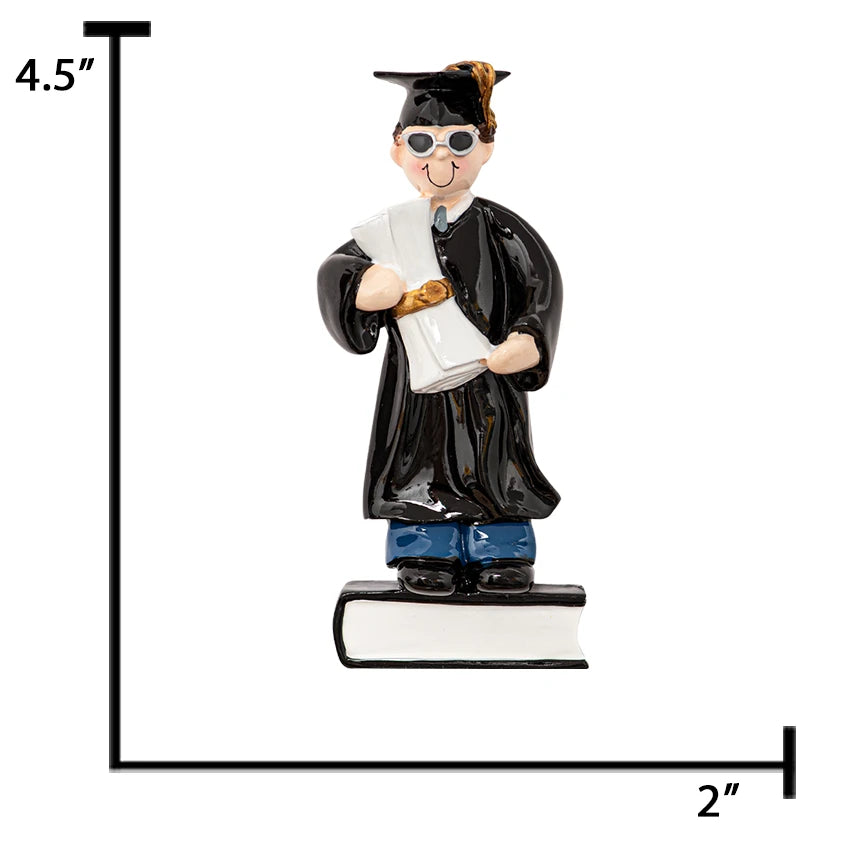 Scale reference: 4 in × 3 in Graduation Boy ornament held in hand.