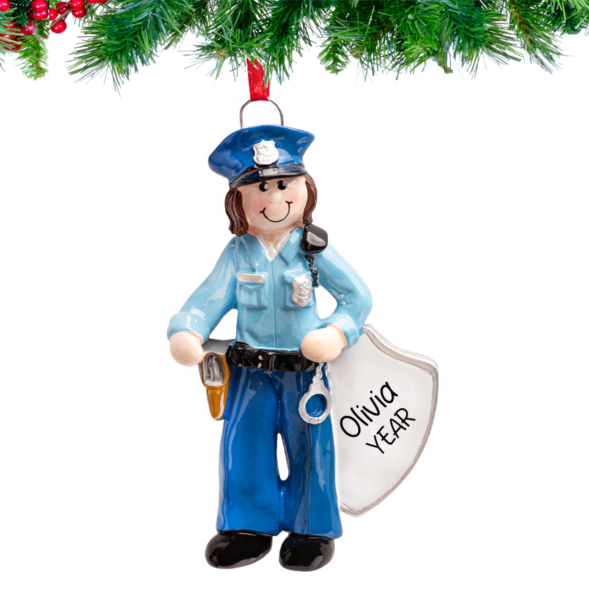 Police officer ornament with a shield labeled 'Emily 2024' on a white background