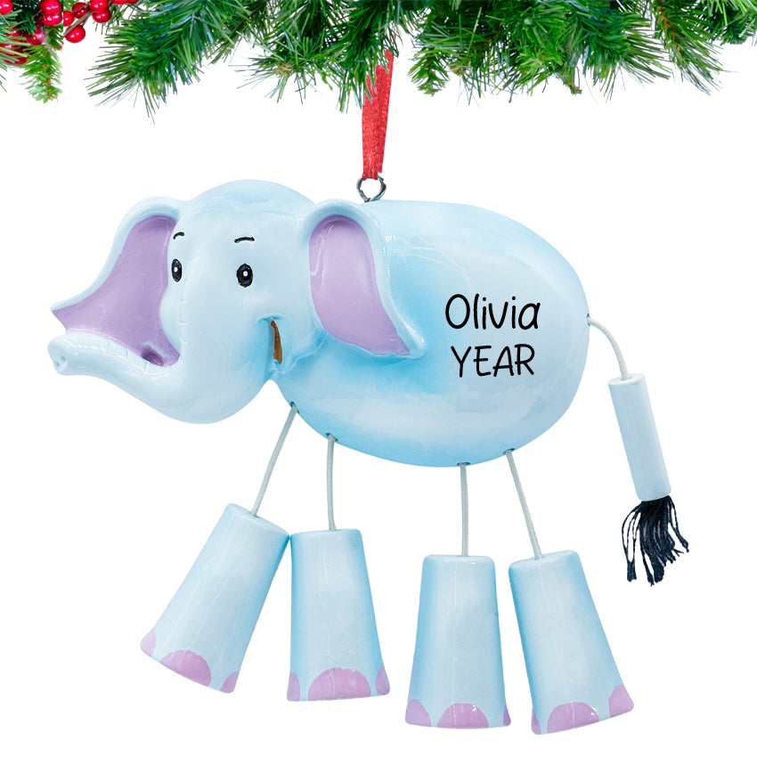 Gray baby elephant ornament with t, name and year hand‑lettered