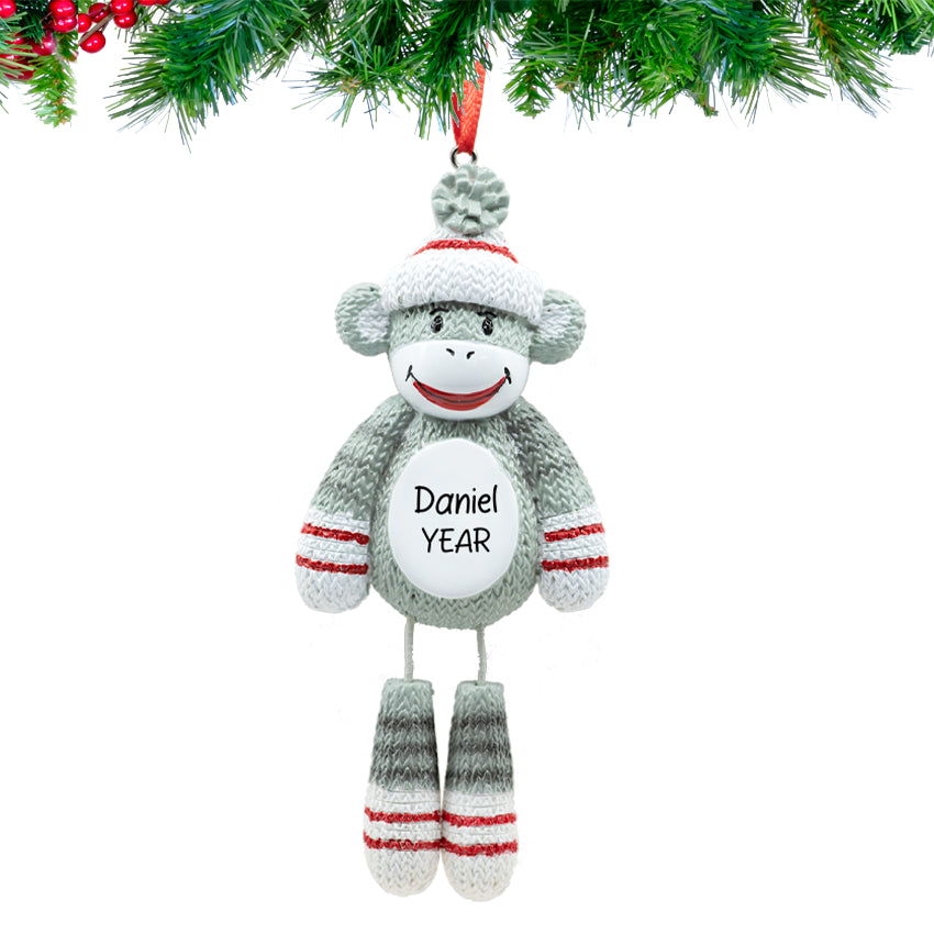 Personalized sock‑monkey ornament with Santa hat, hand‑lettered name, and 2025 tag