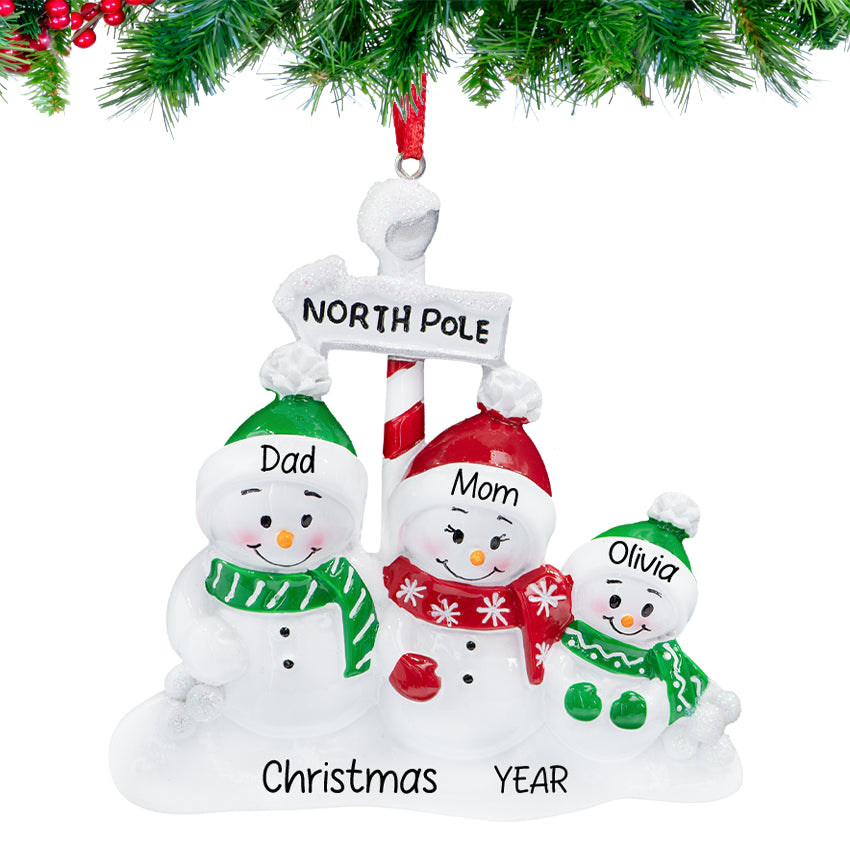 Personalized Snowman Family of 3 Christmas Tree Ornament