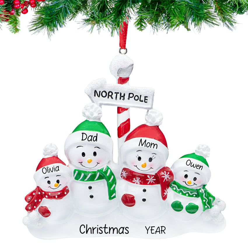 Personalized Snowman Family of 4 Christmas Tree Ornament