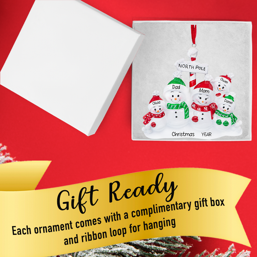 Personalized Snowman Family of 5 Christmas Tree Ornament