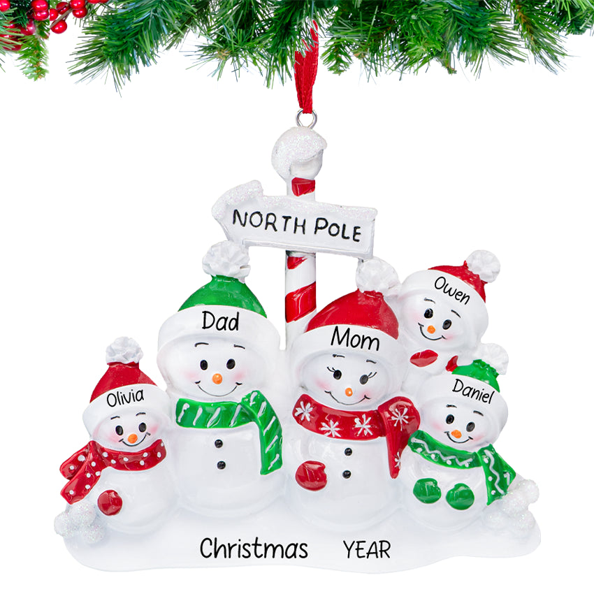 Personalized Snowman Family of 5 Christmas Tree Ornament