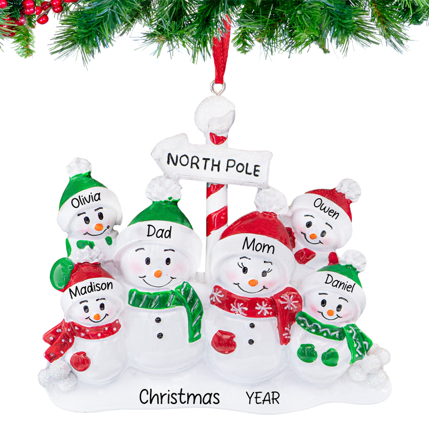 Personalized Snowman Family of 6 Christmas Tree Ornament