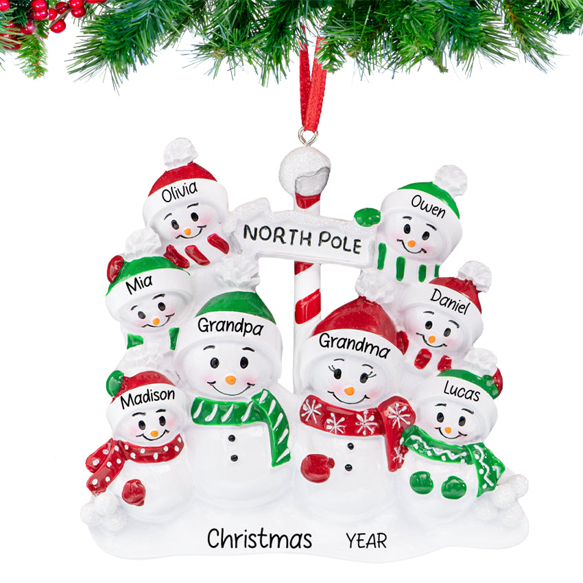Personalized Snowman Family of 8 Christmas Tree Ornament