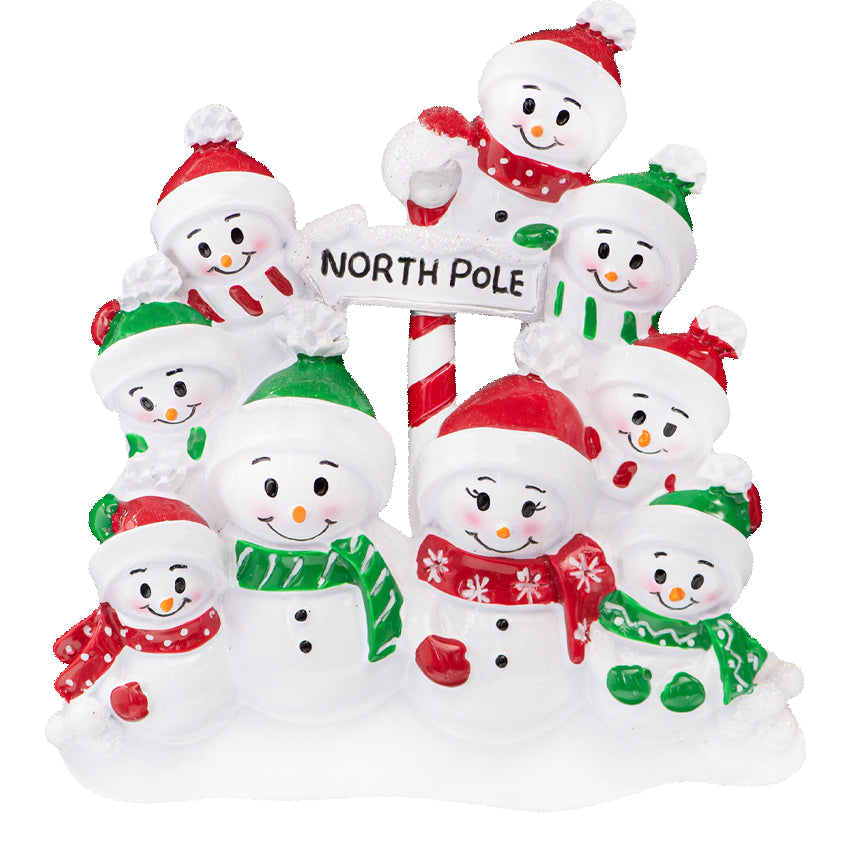 Personalized Snowman Family of 9 Christmas Tree Ornament