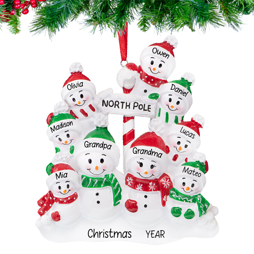 Personalized Snowman Family of 9 Christmas Tree Ornament