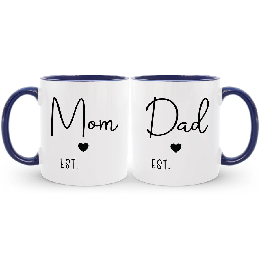 Custom EST mug set for new mom and dad, a thoughtful gift celebrating their joyful journey together.