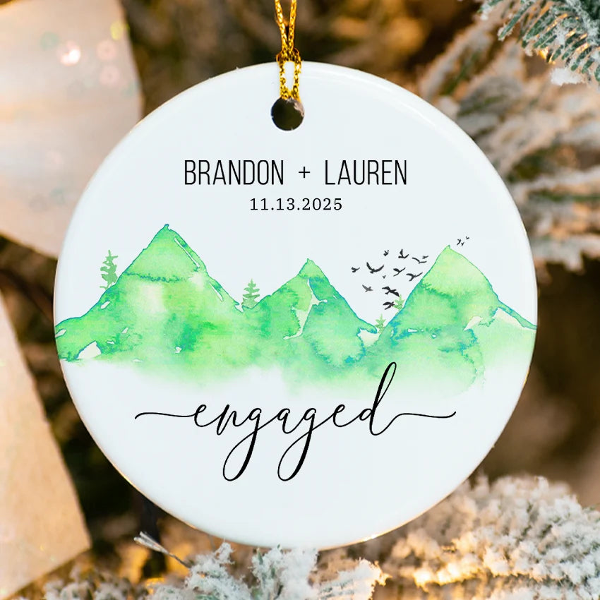 Green Mountain Engagement Christmas Ornament with custom names & 2025 on porcelain