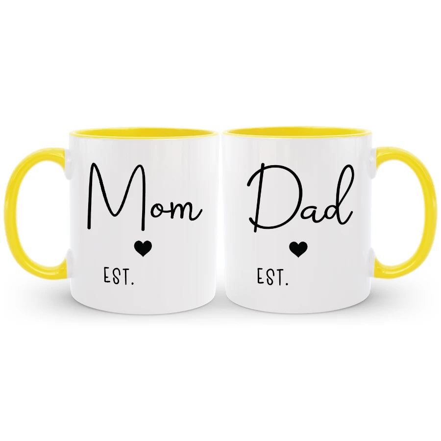 Personalized new mom and dad EST mug set, a heartfelt gift to celebrate their exciting journey.