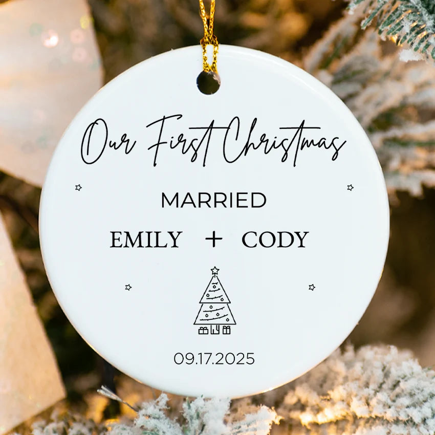 Personalized Married Ornament with Christmas tree silhouette and star accents, custom surname & 2025