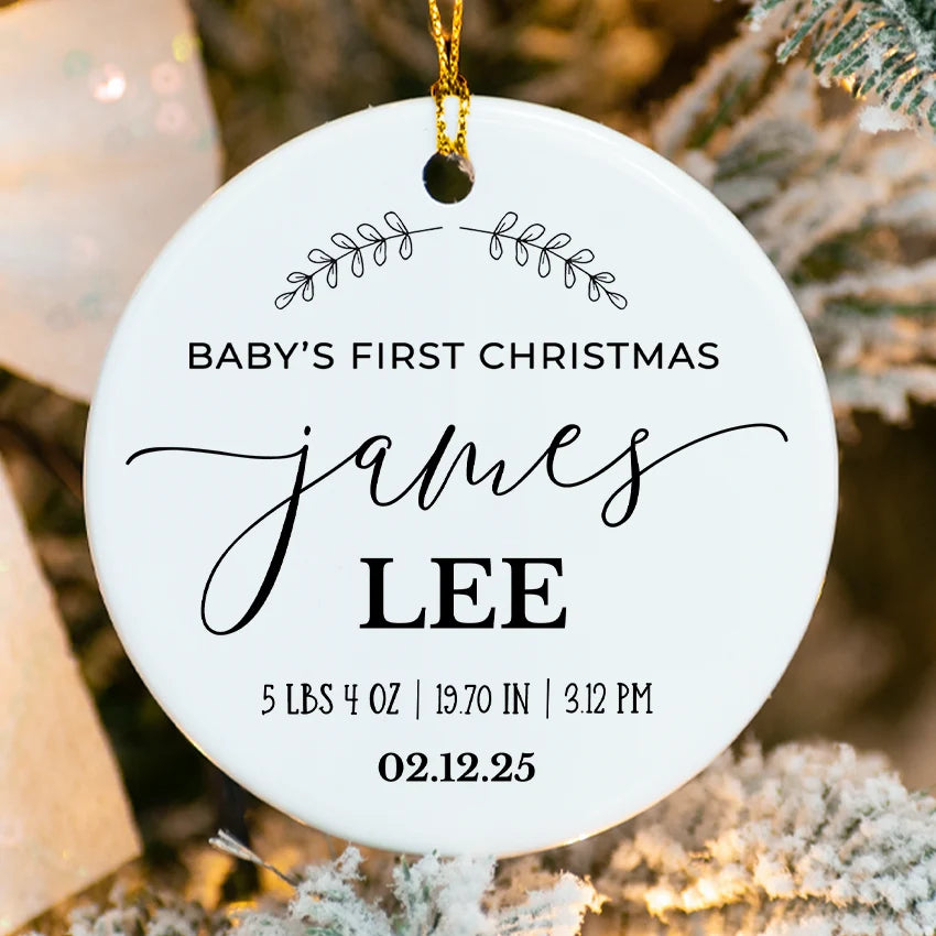 Round ceramic ornament with personalized baby birth stats, perfect keepsake for first Christmas.