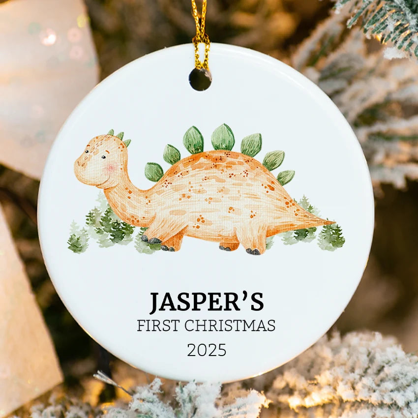 Baby Dino Christmas ornament with custom printed name & 2025 on glossy ceramic