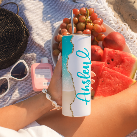 Personalized Summer Tumbler on Hand - Beach Vacation Background