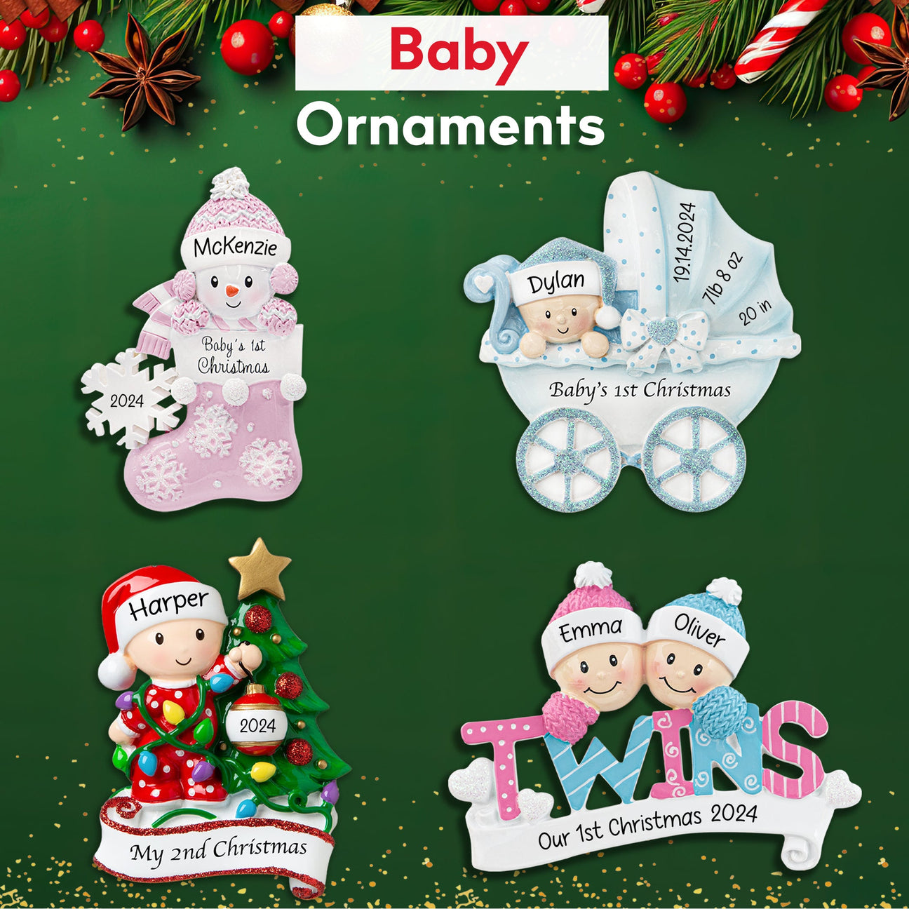Baby First Christmas Ornaments Four Ornament on the picture with green background