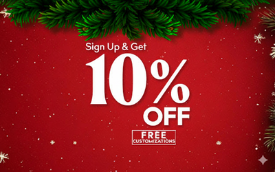 Red promotional banner with Christmas tree branches, '10% off' offer, and free customization text.