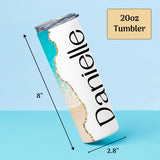 20oz tumbler with custom  printed on it, shown with measurements against a blue background. 8 in x 2.8 in