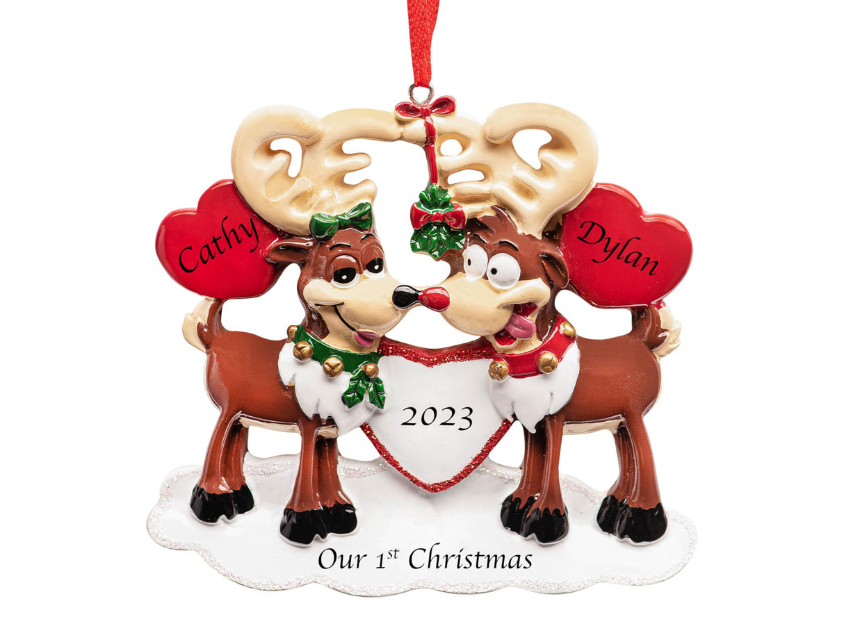 Personalized Reindeer Couple Under The Mistletoe Christmas Ornament