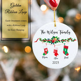 Personalized family ornament nestled in its protective keepsake gift box with red ribbon"