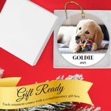 Personalized round photo ornament a red background with gift box text. Gift Ready