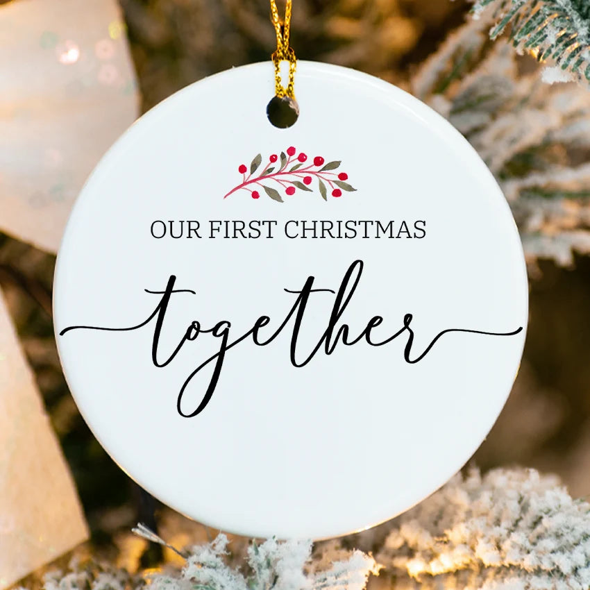 Round porcelain ornament with cranberry wreath and custom names 2025 for first Christmas together