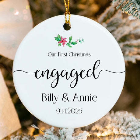 Close-up of glossy porcelain ceramic engagement ornament with personalized 2025 printing
