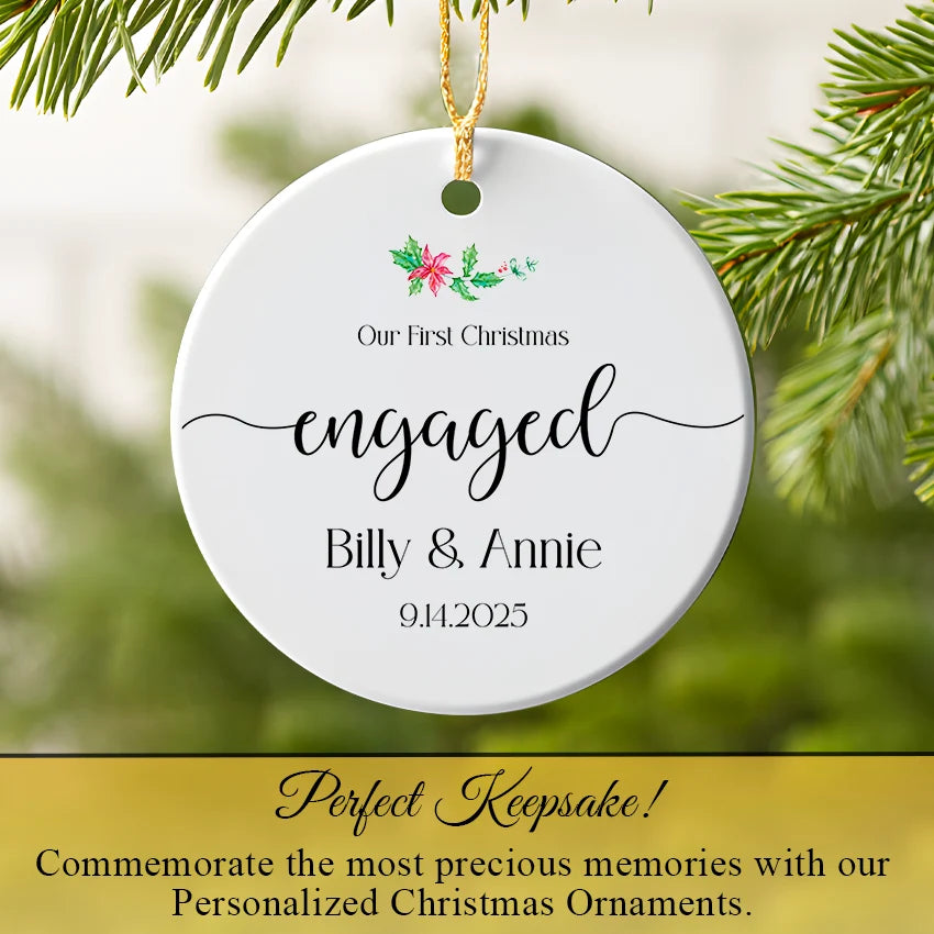 Couple’s engagement ornament hanging on Christmas tree among festive lights