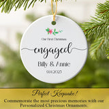 Couple’s engagement ornament hanging on Christmas tree among festive lights